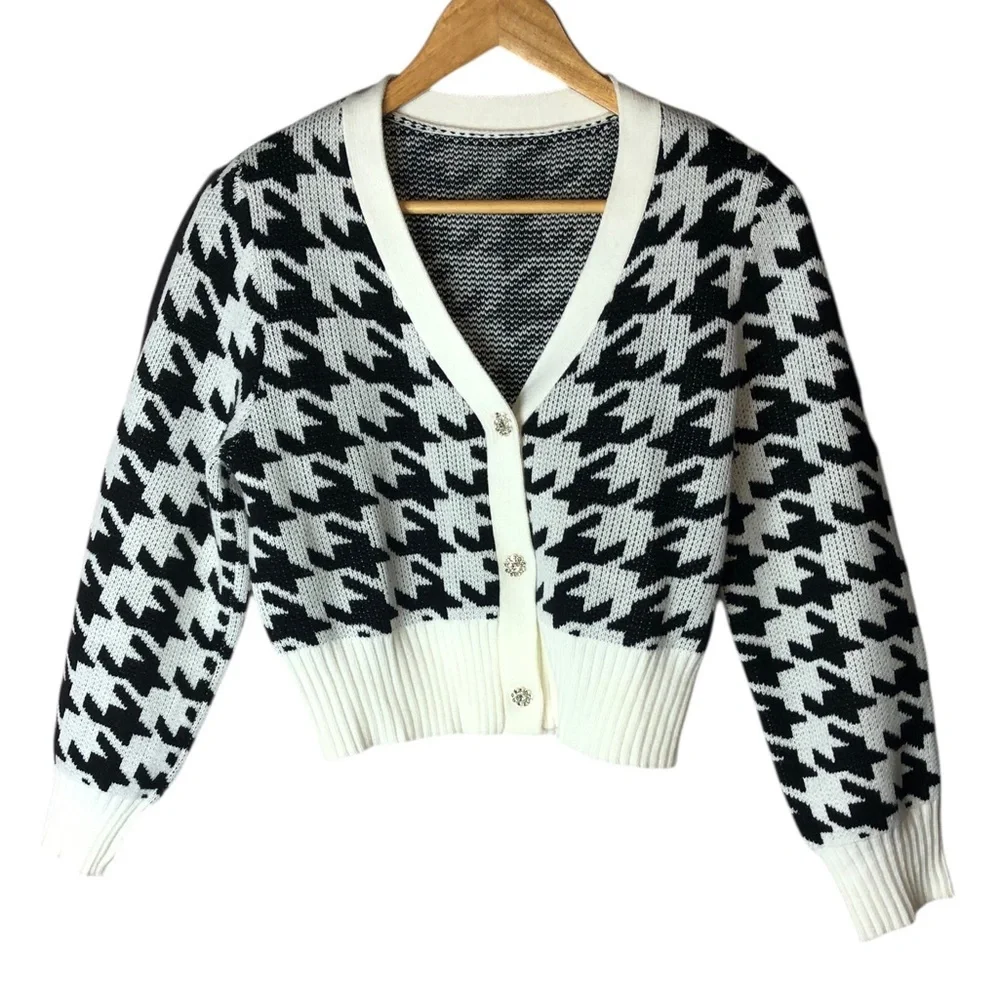 Houndstooth Cropped Jewel Button Cardigan Sweater SzM Cotton Blend Classic Retro